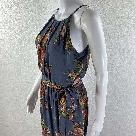 BCX NWT Womens M  Floral Blue Halter Maxi Slit Pleated Dress Belt Sheer Overlay - Picture 6 of 16